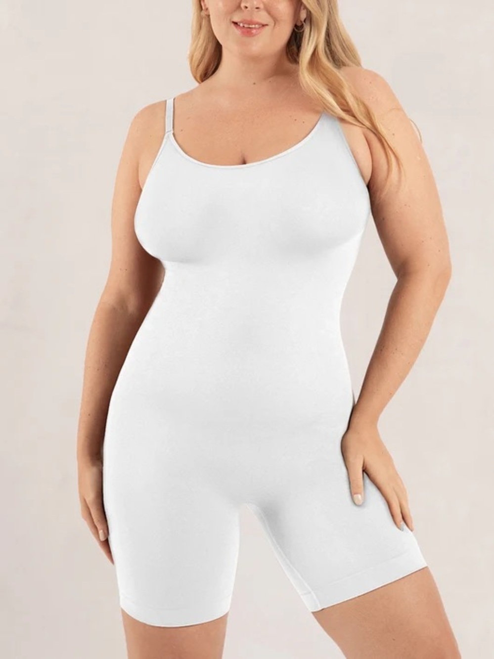 Shapermint Essentials All Day Every Day Scoop Neck Mid-Thigh Bodysuit White